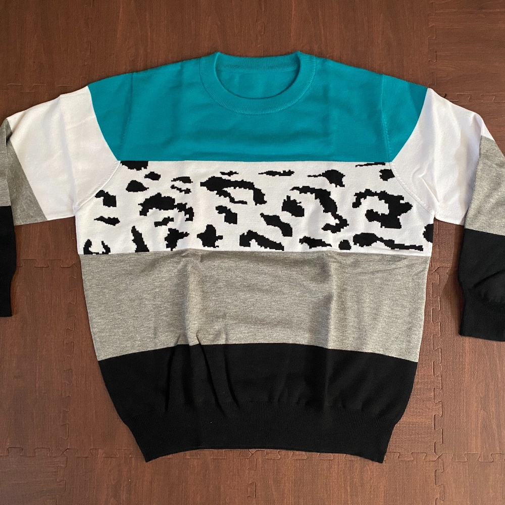 Onlypuff Women Knitted Sweater Striped Long-Sleeve Leopard Pullover Top
